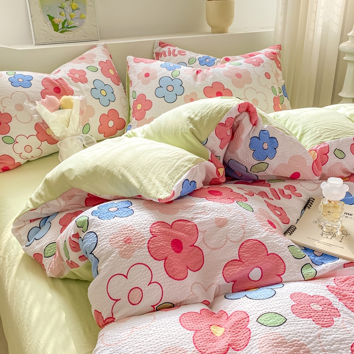 91家纺网 家纺一手货源 找家纺 悦织湾家纺 2025新款轻奢北欧风小清新印花水洗棉四件套 花满园