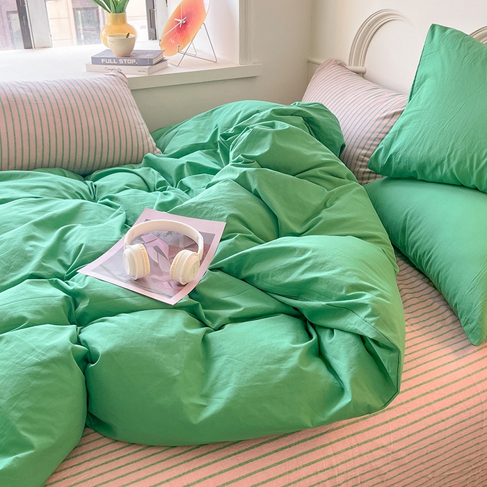 91家纺网 家纺一手货源 找家纺 千朵 2024新款ins风多巴胺撞色条纹全棉水洗棉四件套-可乐系列 可乐粉