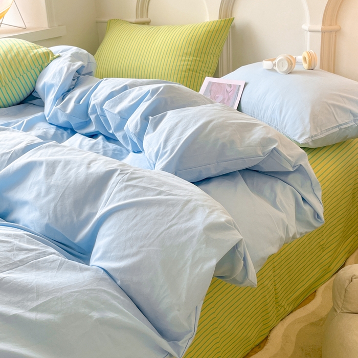 91家纺网 家纺一手货源 找家纺 千朵 2024新款ins风多巴胺撞色条纹全棉水洗棉四件套-可乐系列 可乐青柠