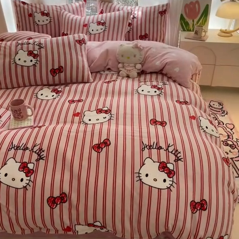 91家纺网 家纺一手货源 找家纺 2024新款三丽鸥牛奶绒小版四件套 牛奶绒小版-高贵KT猫