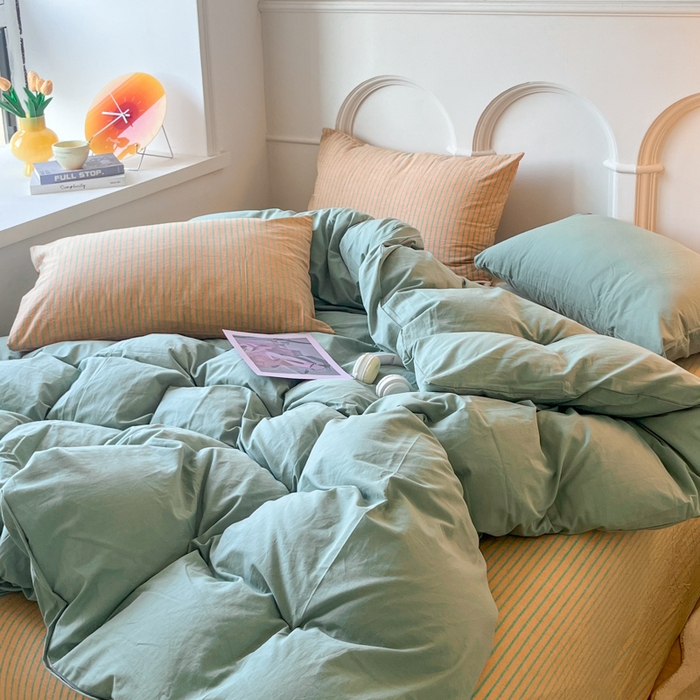 91家纺网 家纺一手货源 找家纺 千朵 2024新款ins风多巴胺撞色条纹全棉水洗棉四件套-可乐系列 可乐桔