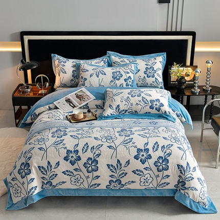 馨梦缘 2025新款宽边5D雕花绒牛奶绒四件套 繁花-蓝