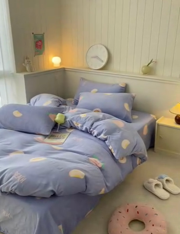 91家纺网 家纺一手货源 找家纺 2024新款200g加厚防静电牛奶绒小清新四件套 绒-紫色桃子