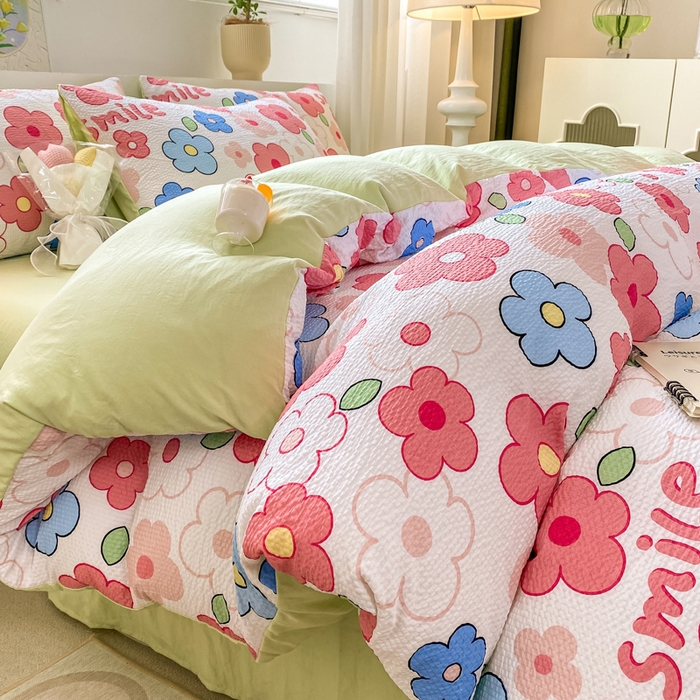 91家纺网 家纺一手货源 找家纺 悦织湾家纺 2025新款轻奢北欧风小清新印花水洗棉四件套 花满园