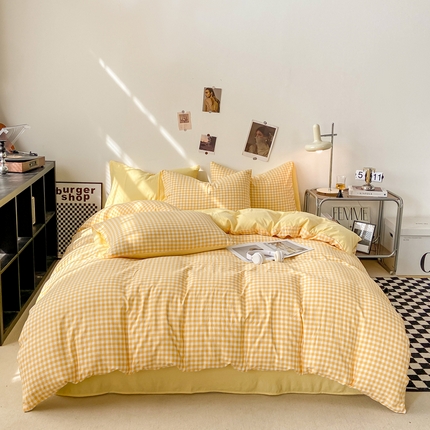 91家纺网 家纺一手货源 找家纺 悦织湾家纺 2025新款日式简约格子水洗棉四件套 布丁黄