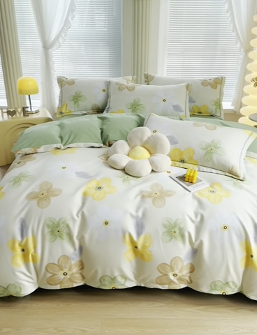 91家纺网 家纺一手货源 找家纺 优尚家纺 2025新款全棉磨毛纯棉喷气印花清新轻奢款四件套 清新款-花语甜心-绿