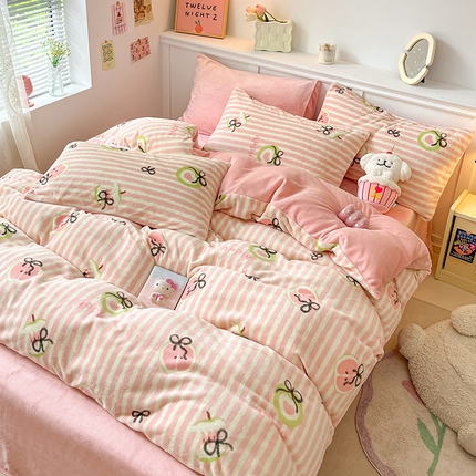 2024新款200g加厚防静电牛奶绒小清新四件套 绒-粉粉青苹果