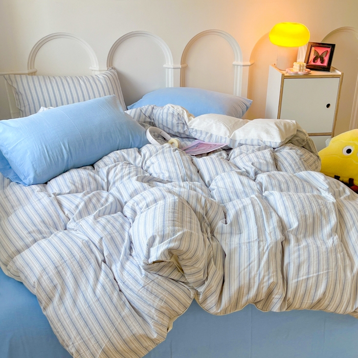 91家纺网 家纺一手货源 找家纺 千朵 2024新款撞色条纹色织提花水洗棉被套四件套 韩系蓝条