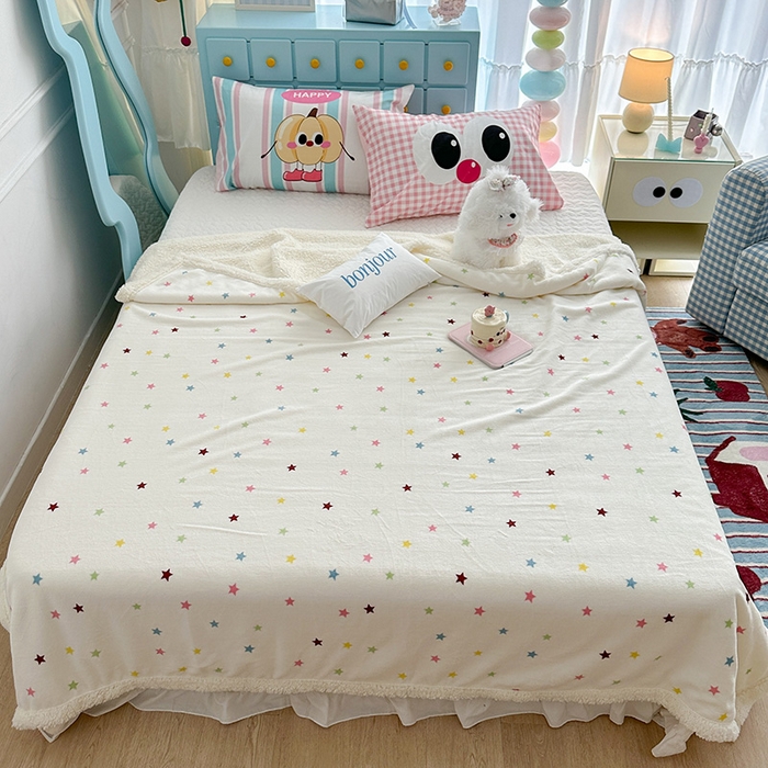 91家纺网 家纺一手货源 找家纺 昔可家纺 2024新款羊羔绒牛奶绒毛毯系列（三）-ins小清新系列 彩色小星星