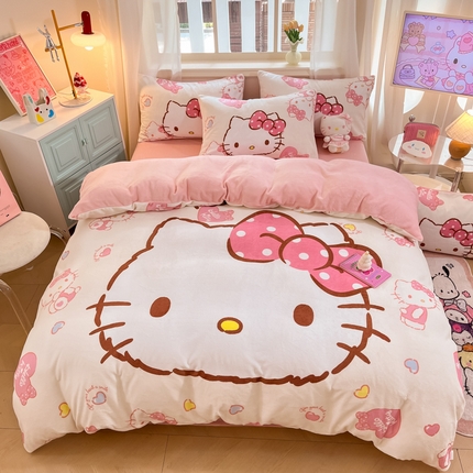 2024新品正版三丽鸥授权大版卡通平网数码印花加厚高克重牛奶绒系列四件套 绒大版-R甜甜奶油kitty