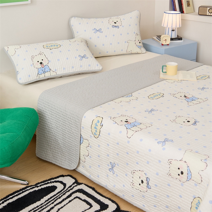 91家纺网 家纺一手货源 找家纺 美优兰 2025春款全棉单面高温砂洗床盖 小奶狗