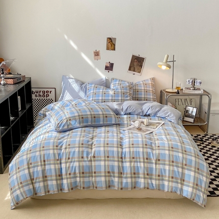 悦织湾家纺 2025新款日式简约格子水洗棉单品被套系列 莫尼蓝