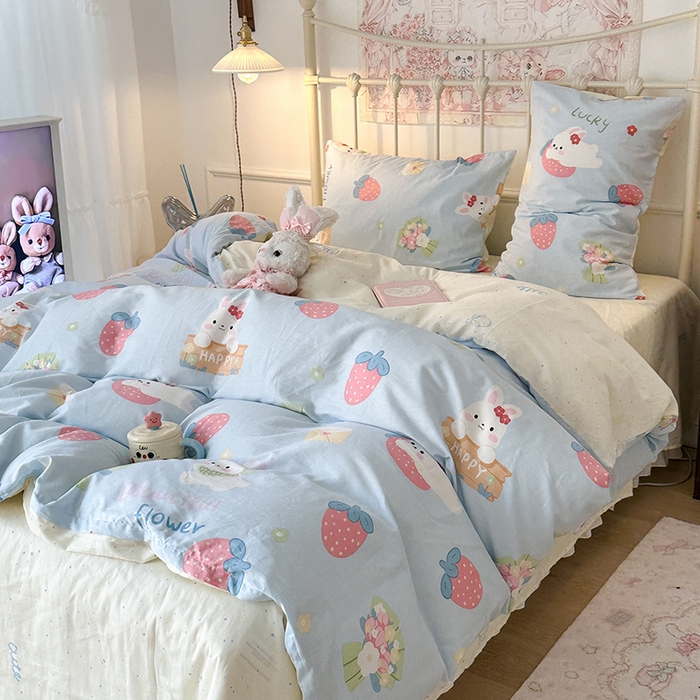 91家纺网 家纺一手货源 找家纺 昔可 2024新款13070全棉四件套系列（第三批） 草莓花束兔