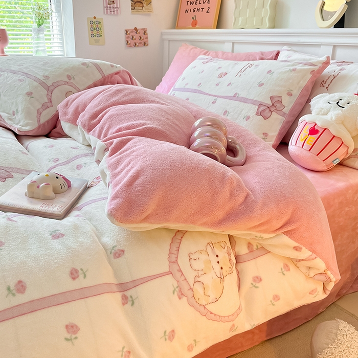 91家纺网 家纺一手货源 找家纺 2024新款200g加厚防静电牛奶绒小清新四件套 绒-公主喵