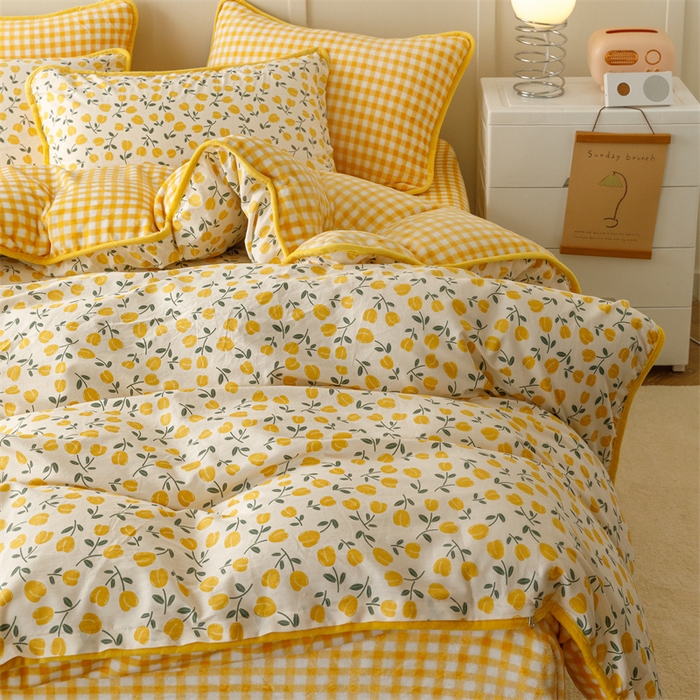 91家纺网 家纺一手货源 找家纺 红粉佳人 2025新款棉加绒印花四件套 花语-黄