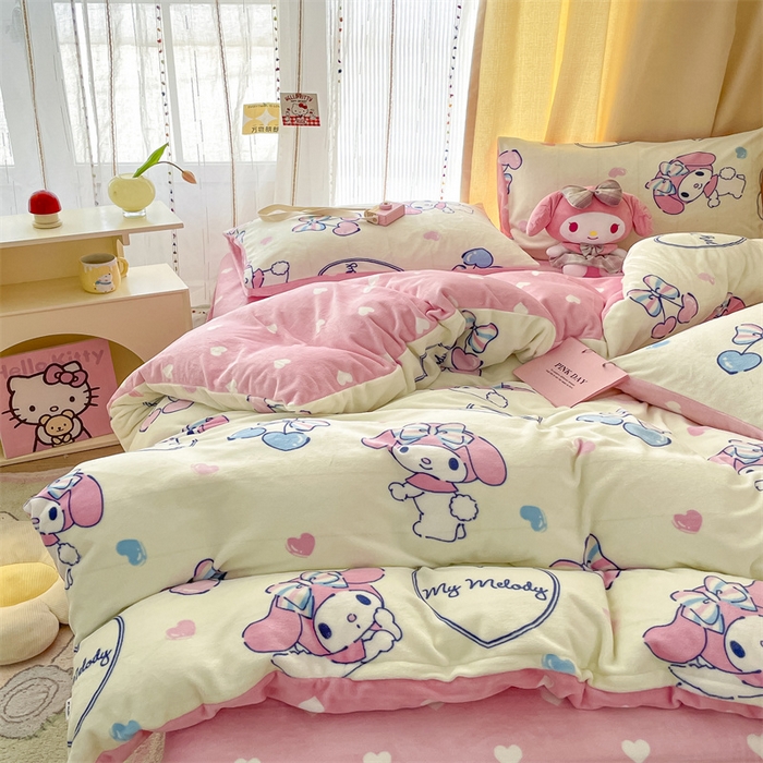 91家纺网 家纺一手货源 找家纺 2024新款三丽鸥牛奶绒小版四件套 樱桃美乐蒂