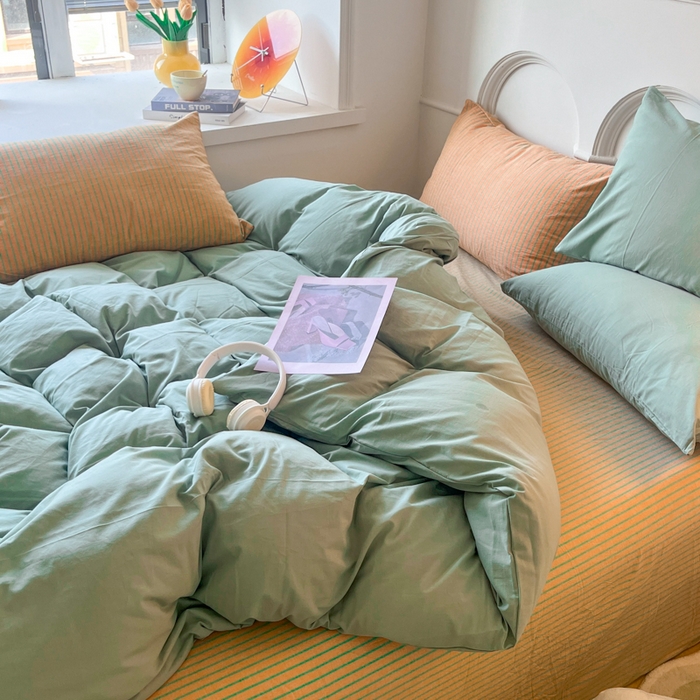 91家纺网 家纺一手货源 找家纺 千朵 2024新款ins风多巴胺撞色条纹全棉水洗棉四件套-可乐系列 可乐桔