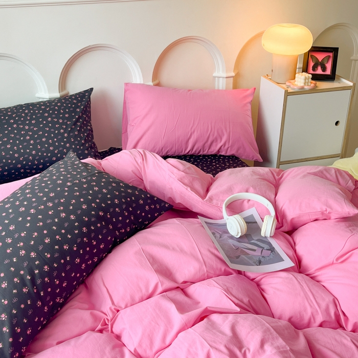 91家纺网 家纺一手货源 找家纺 千朵 2024新款全棉水洗棉混搭双拼四件套 繁花粉