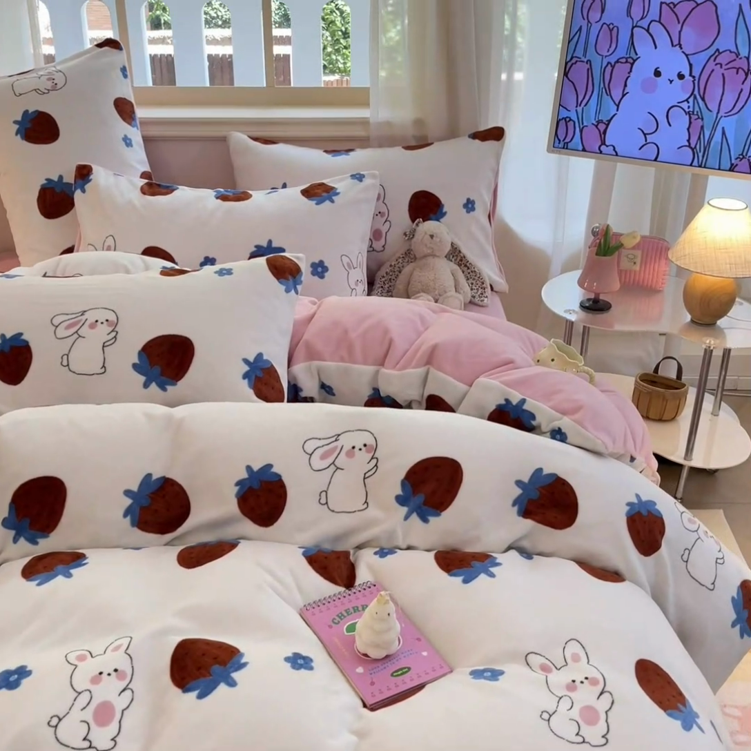 91家纺网 家纺一手货源 找家纺 卡派 2024新款冬季亲肤透气牛奶绒印花四件套 草莓兔