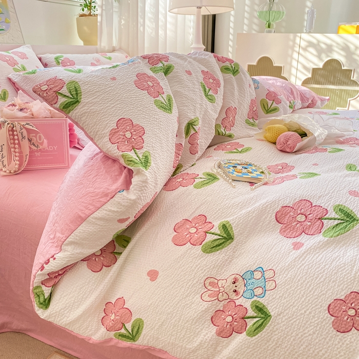 91家纺网 家纺一手货源 找家纺 悦织湾家纺 2025新款轻奢北欧风小清新印花水洗棉四件套 花小兔