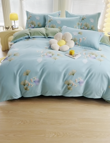 91家纺网 家纺一手货源 找家纺 优尚家纺 2025新款全棉磨毛纯棉喷气印花清新轻奢款四件套 清新款-碧影秋韵