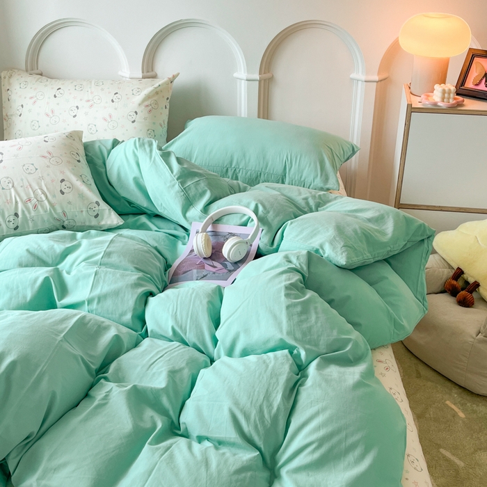 91家纺网 家纺一手货源 找家纺 千朵 2024新款全棉水洗棉混搭双拼四件套 猫咪湖绿