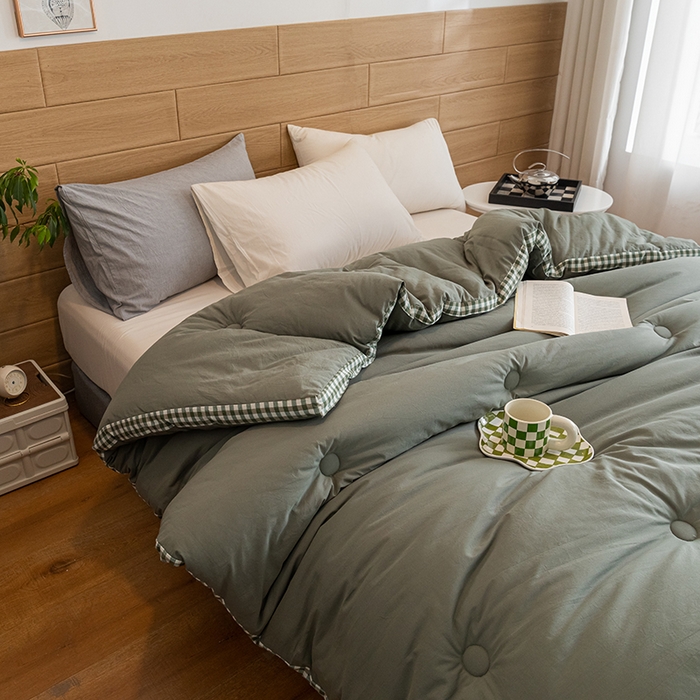 91家纺网 家纺一手货源 找家纺 2024新款无印风棋盘格立体边大豆纤维冬被 风格一 棋盘格-墨子绿