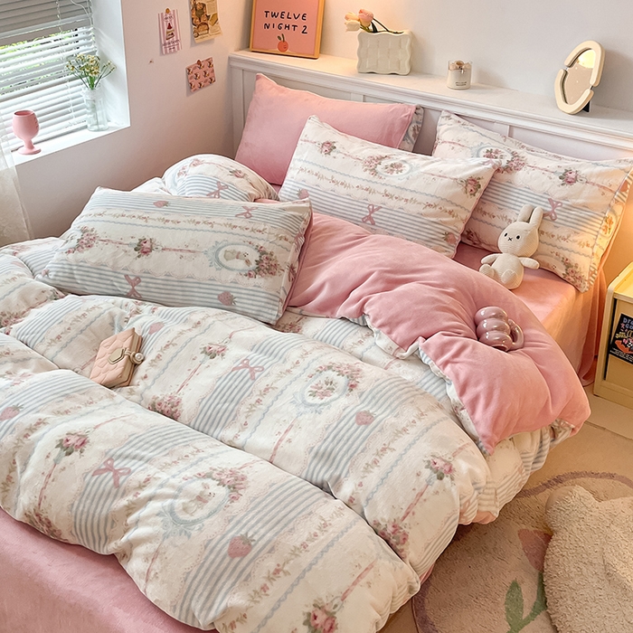 91家纺网 家纺一手货源 找家纺 2024新款200g加厚防静电牛奶绒小清新四件套 绒-萝莉兔