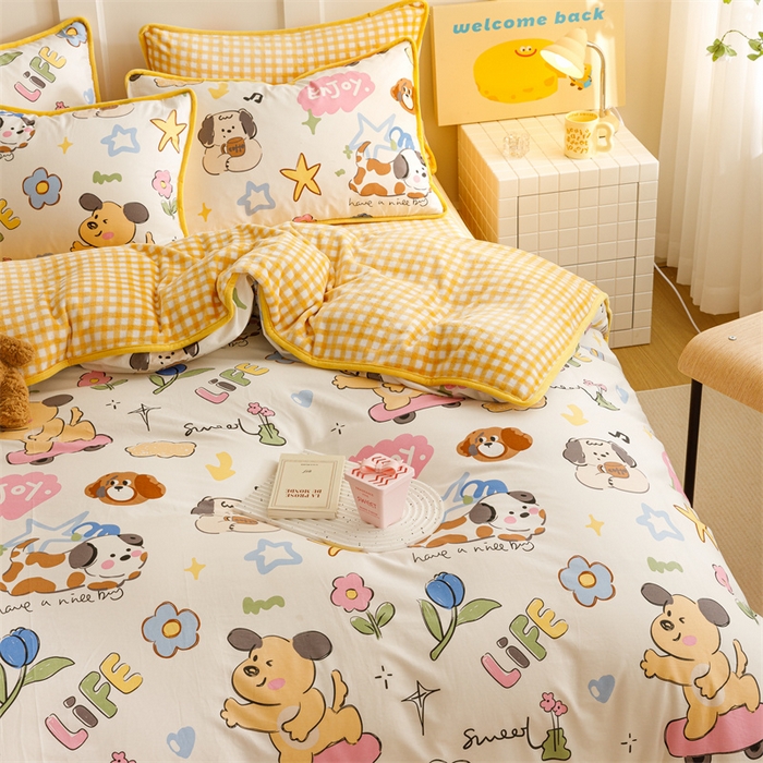 91家纺网 家纺一手货源 找家纺 红粉佳人 2025新款棉加绒印花四件套 欢乐狗