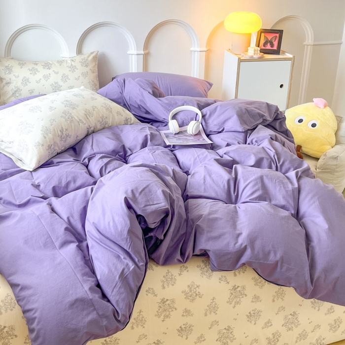 91家纺网 家纺一手货源 找家纺 千朵 2024新款全棉水洗棉混搭双拼四件套 妍语紫