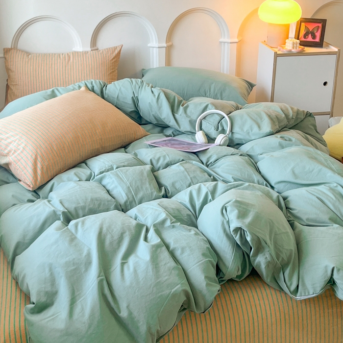 91家纺网 家纺一手货源 找家纺 千朵 2024新款ins风多巴胺撞色条纹全棉水洗棉四件套-可乐系列 可乐桔