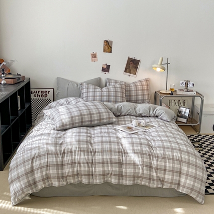 91家纺网 家纺一手货源 找家纺 悦织湾家纺 2025新款日式简约格子水洗棉四件套 幕落灰