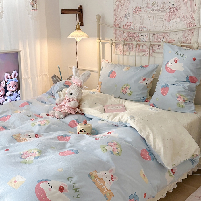 91家纺网 家纺一手货源 找家纺 昔可 2024新款13070全棉四件套系列（第三批） 草莓花束兔