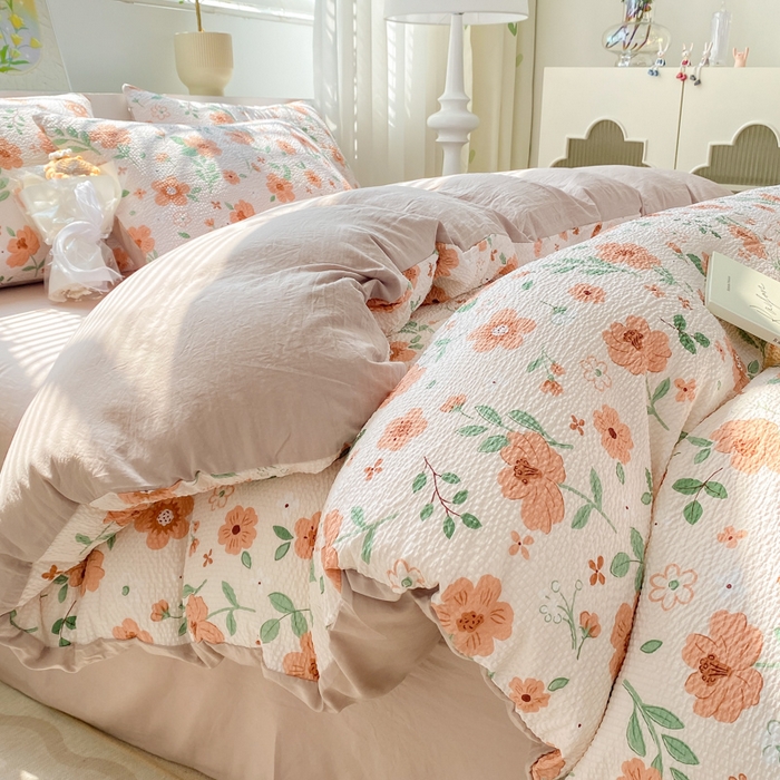 91家纺网 家纺一手货源 找家纺 悦织湾家纺 2025新款轻奢北欧风小清新印花水洗棉四件套 咖啡格调