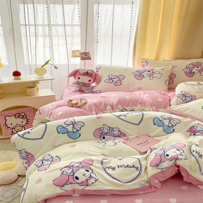 91家纺网 家纺一手货源 找家纺 2024新款三丽鸥牛奶绒小版四件套 樱桃美乐蒂