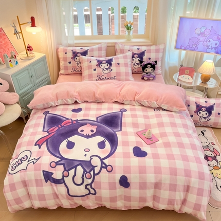 2024新品正版三丽鸥授权大版卡通平网数码印花加厚高克重牛奶绒系列四件套 绒大版-R甜趣库洛米
