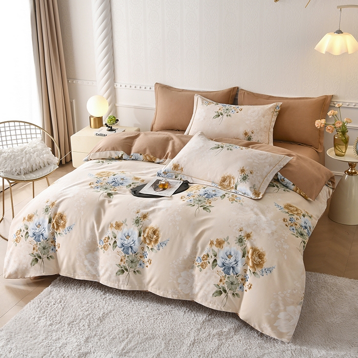 91家纺网 家纺一手货源 找家纺 优尚家纺 2025新款全棉磨毛纯棉喷气印花清新轻奢款四件套 轻奢款-雅韵金蕊