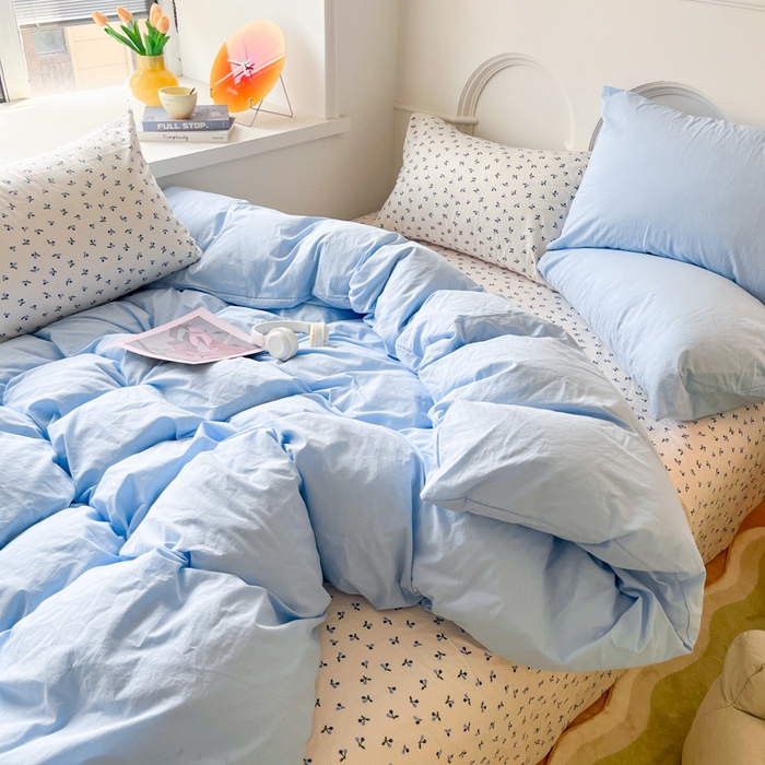 91家纺网 家纺一手货源 找家纺 千朵 2024新款全棉水洗棉混搭双拼四件套 瑾蓝