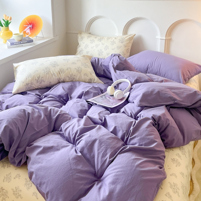 91家纺网 家纺一手货源 找家纺 千朵 2024新款全棉水洗棉混搭双拼四件套 妍语紫