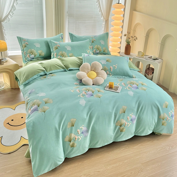 91家纺网 家纺一手货源 找家纺 优尚家纺 2025新款全棉磨毛纯棉喷气印花清新轻奢款四件套 清新款-碧影秋韵