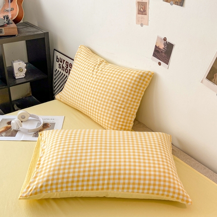 91家纺网 家纺一手货源 找家纺 悦织湾家纺 2025新款日式简约格子水洗棉单品枕套系列 布丁黄