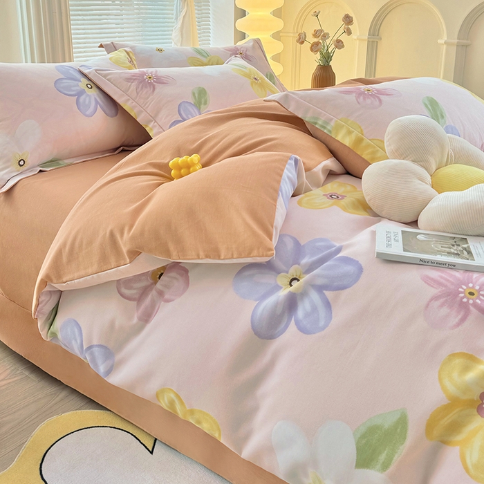 91家纺网 家纺一手货源 找家纺 优尚家纺 2025新款全棉磨毛纯棉喷气印花清新轻奢款四件套 清新款-花语甜心-粉