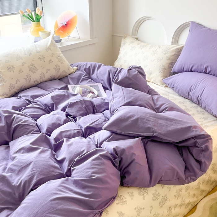 91家纺网 家纺一手货源 找家纺 千朵 2024新款全棉水洗棉混搭双拼四件套 妍语紫