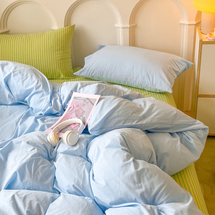 91家纺网 家纺一手货源 找家纺 千朵 2024新款ins风多巴胺撞色条纹全棉水洗棉四件套-可乐系列 可乐青柠