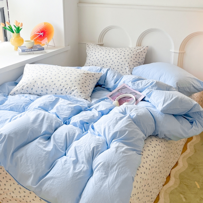 91家纺网 家纺一手货源 找家纺 千朵 2024新款全棉水洗棉混搭双拼四件套 瑾蓝