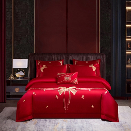 2025新款40s全棉长绒棉新中式刺绣婚庆四件套多件套 蝶恋花