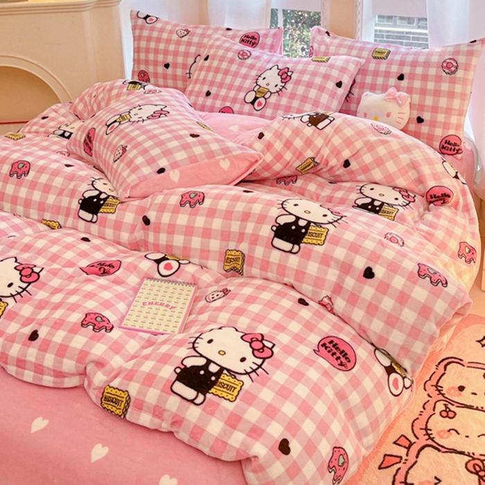 91家纺网 家纺一手货源 找家纺 2024新款三丽鸥牛奶绒小版四件套 牛奶绒小版-饼干KT猫