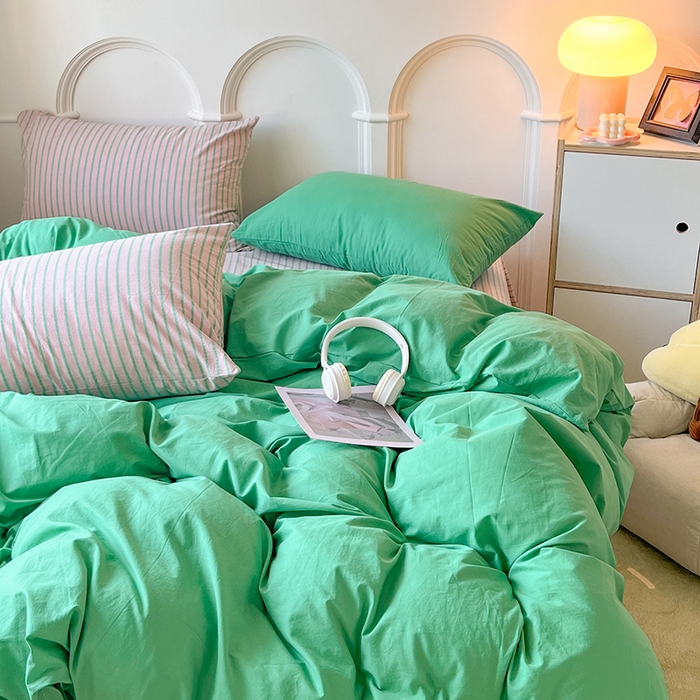 91家纺网 家纺一手货源 找家纺 千朵 2024新款ins风多巴胺撞色条纹全棉水洗棉四件套-可乐系列 可乐粉