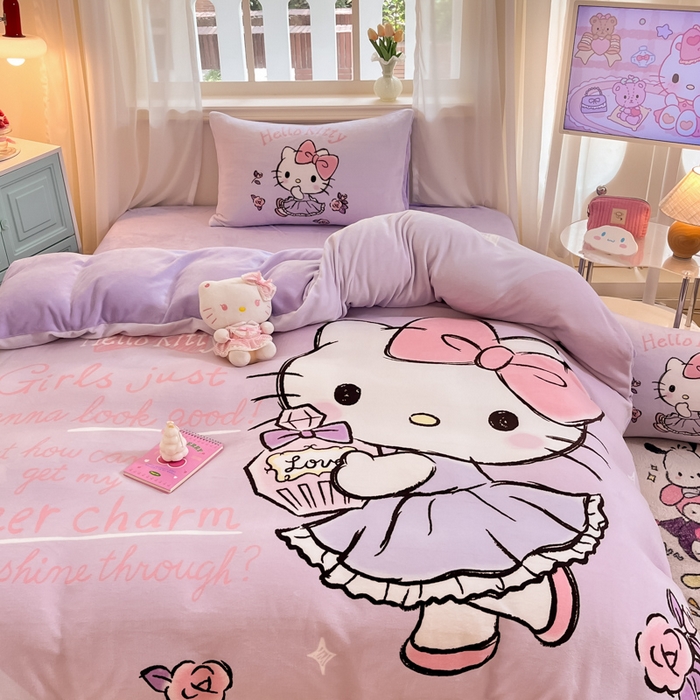 91家纺网 家纺一手货源 找家纺 2024新品正版三丽鸥授权大版卡通平网数码印花加厚高克重牛奶绒系列四件套 绒大版-R玫瑰香水kitty