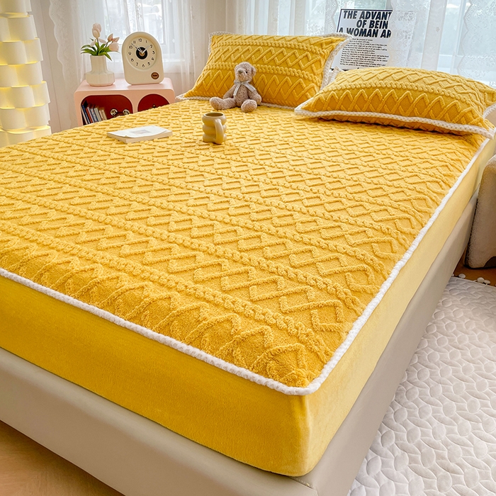 91家纺网 家纺一手货源 找家纺 梦舒羽 2025新款220克高克重塔芙绒床笠床垫保护套床单套床盖 柠檬黄